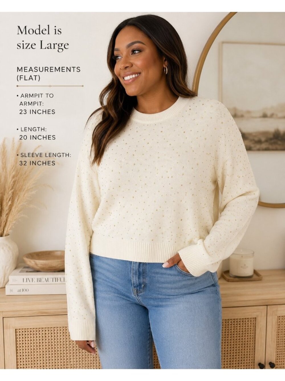 Stevie by Steve Madden Cream Gold Stud Embellished Crewneck Sweater Women's NWT